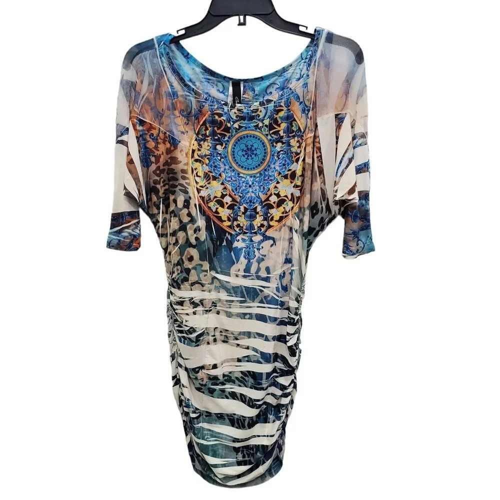 Cameo Women's Boho Mixed Print Liquid‎ Knit Sublimination Bodycon Dress USA Sz M